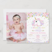 Unicorne 1er anniversaire Invitation Floral Arc-en (Devant)