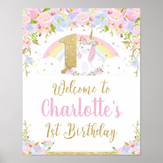 Unicorne 1er anniversaire Rainbow Welcome Poster (Devant)
