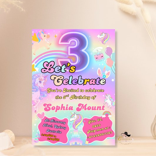 Unicorne 3e anniversaire enfants fêtes Invitations