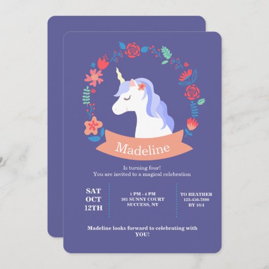 Unicorne avec Fleurs Invitation (Devant / Derrière)