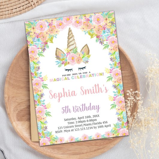 Unicorne Blanche Florale Invitations d'anniversair