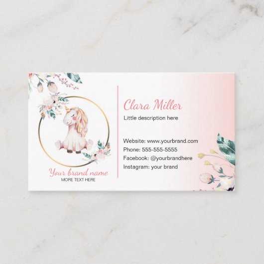 Unicorne boho carte de visite aquarelle rose turqu (Devant)