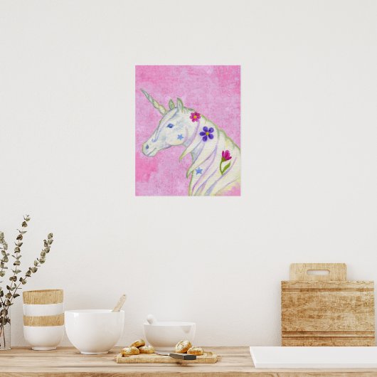 Unicorne de fleurs sur impression d'art rose (Cuisine)