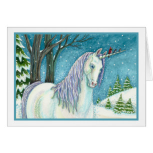 UNICORNE D'HIVER ET OISEAUX, CARTE DE NOIX PAISIBL