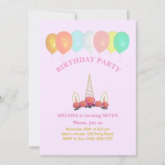 Unicorne et ballons Invitation d'anniversaire (Devant)