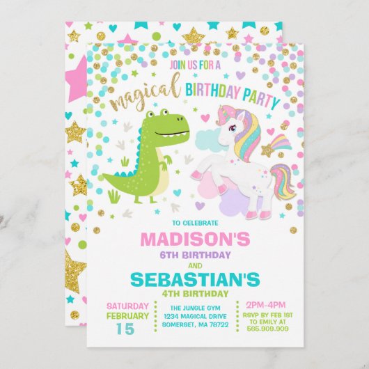Unicorne Et Dinosaure Anniversaire Invitation Frèr (Devant / Derrière)