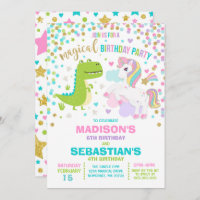 Unicorne Et Dinosaure Anniversaire Invitation Frèr