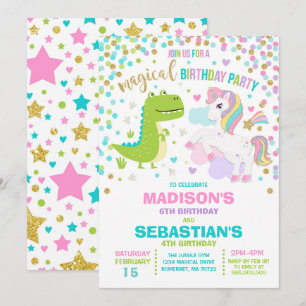 Unicorne Et Dinosaure Anniversaire Invitation Frèr