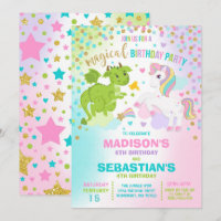 Unicorne Et Dragon Anniversaire Invitation Frères