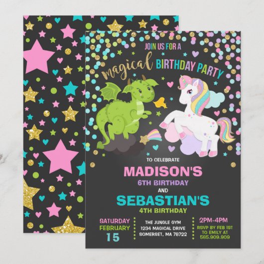 Unicorne Et Dragon Anniversaire Invitation Frères (Devant / Derrière)