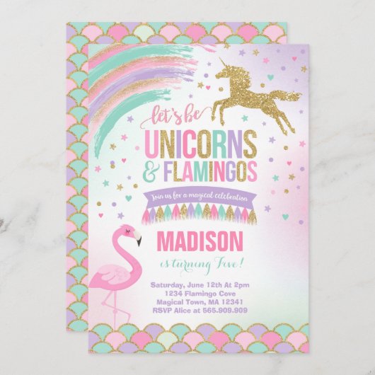 Unicorne et Flamant rose Anniversaire Invitation M (Devant / Derrière)