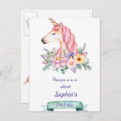 Unicorne et Fleurs Enfants Invitation Anniversaire (Devant / Derrière)