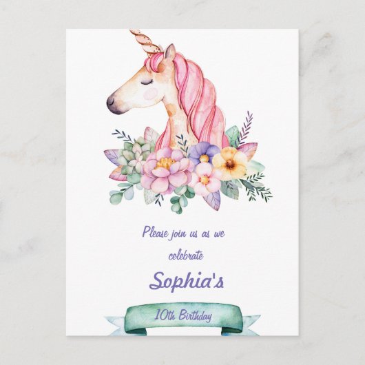 Unicorne et Fleurs Enfants Invitation Anniversaire (Devant)