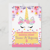 Unicorne et fleurs invitation anniversaire fille (Devant)