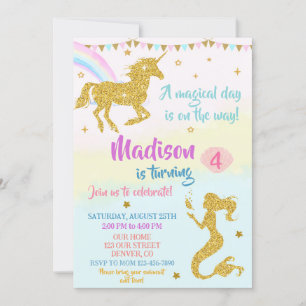 Unicorne et sirène invitation d'anniversaire fille