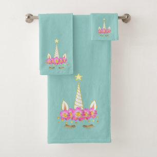 Unicorne, Fleurs & Gold Confetti sur Turquoise