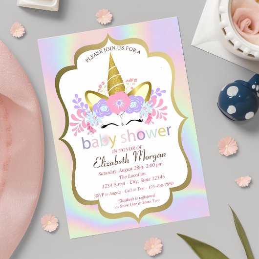 Unicorne, Floral, Invitation Baby shower holograph