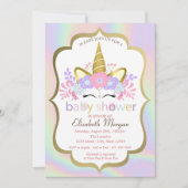 Unicorne, Floral, Invitation Baby shower holograph (Devant)