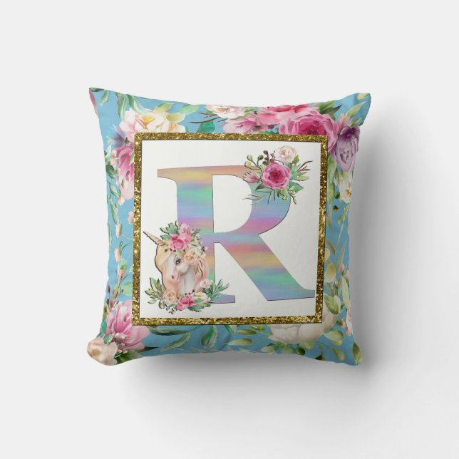 Unicorne Floral Monogram Coussin (Recto)