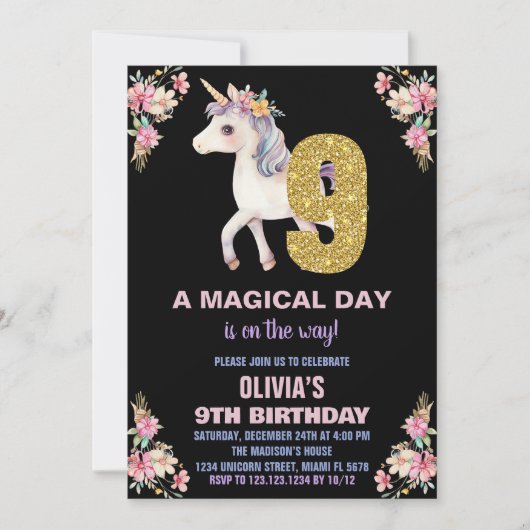 Unicorne florale Invitations d'anniversaire (Devant)