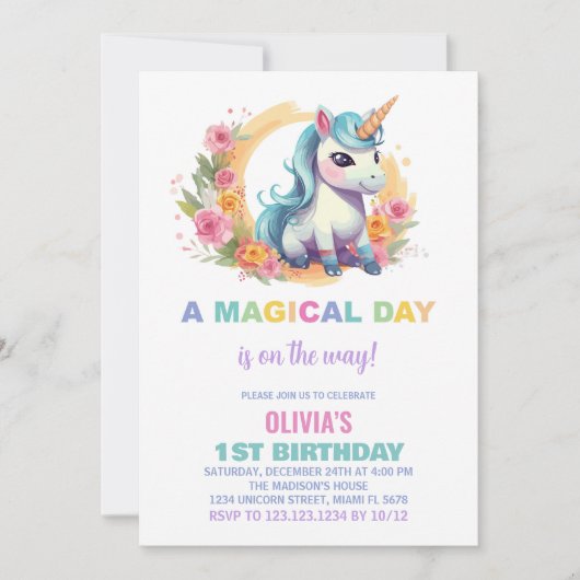 Unicorne florale Invitations d'anniversaire (Devant)