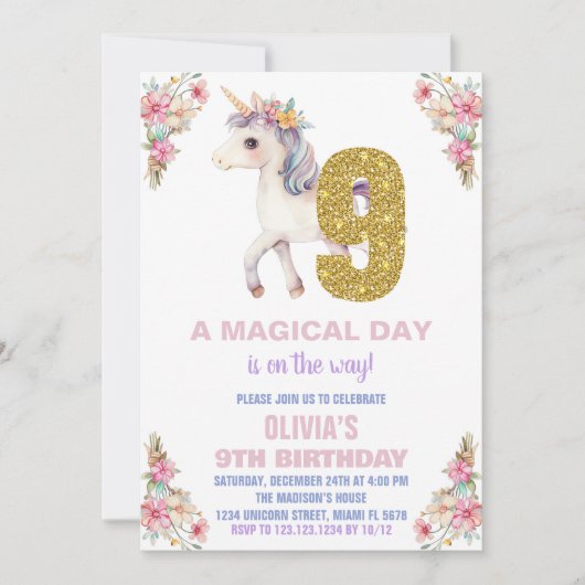Unicorne florale Invitations d'anniversaire (Devant)
