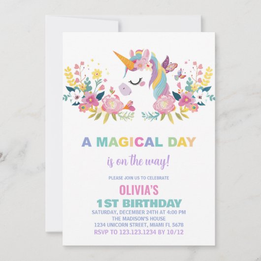 Unicorne florale Invitations d'anniversaire (Devant)