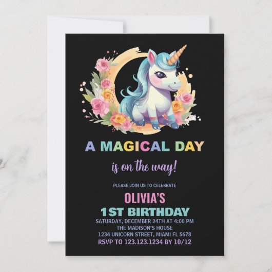 Unicorne florale Invitations d'anniversaire (Devant)