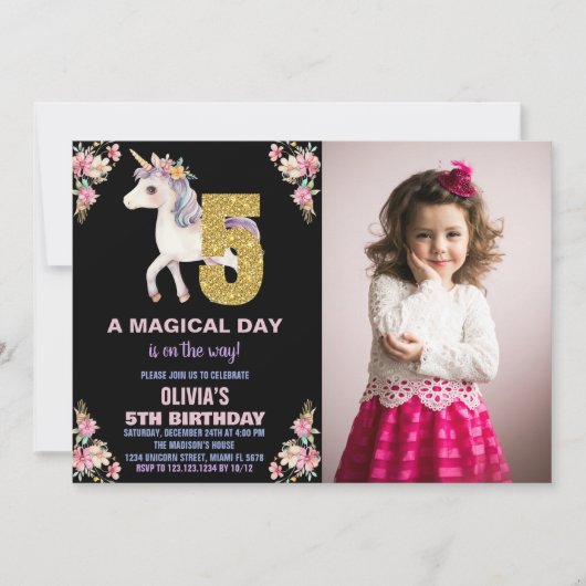 Unicorne florale Invitations d'anniversaire avec p (Devant)