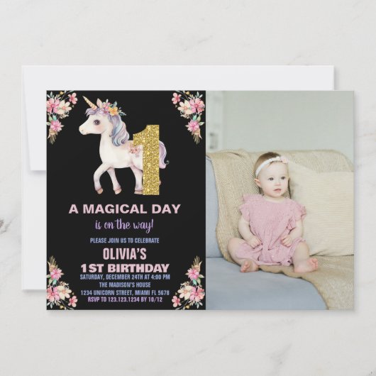 Unicorne florale Invitations d'anniversaire avec p (Devant)