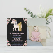 Unicorne florale Invitations d'anniversaire avec p (Debout devant)