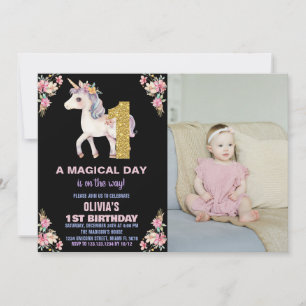 Unicorne florale Invitations d'anniversaire avec p