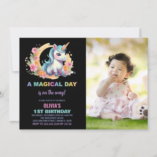 Unicorne florale Invitations d'anniversaire avec p (Devant)
