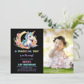 Unicorne florale Invitations d'anniversaire avec p (Debout devant)