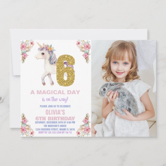 Unicorne florale Invitations d'anniversaire avec p (Devant)
