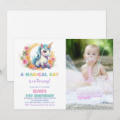 Unicorne florale Invitations d'anniversaire avec p (Devant / Derrière)