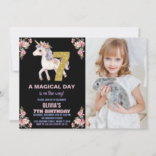 Unicorne florale Invitations d'anniversaire avec p (Devant)