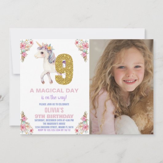 Unicorne florale Invitations d'anniversaire avec p (Devant)