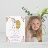 Unicorne florale Invitations d'anniversaire avec p (Debout devant)