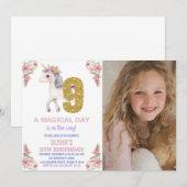 Unicorne florale Invitations d'anniversaire avec p (Devant / Derrière)