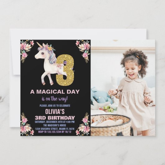 Unicorne florale Invitations d'anniversaire avec p (Devant)