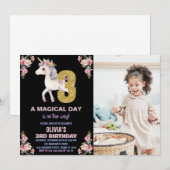 Unicorne florale Invitations d'anniversaire avec p (Devant / Derrière)