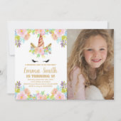 Unicorne florale Invitations d'anniversaire avec p (Devant)