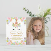 Unicorne florale Invitations d'anniversaire avec p (Debout devant)
