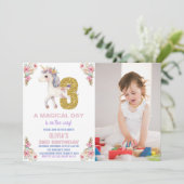 Unicorne florale Invitations d'anniversaire avec p (Debout devant)