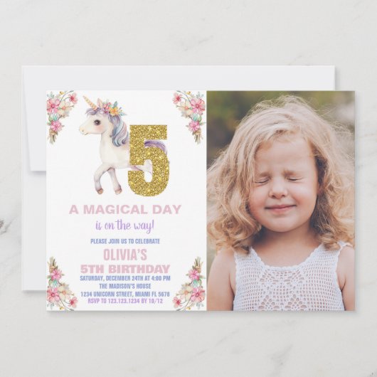 Unicorne florale Invitations d'anniversaire avec p (Devant)