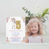 Unicorne florale Invitations d'anniversaire avec p (Debout devant)