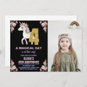 Unicorne florale Invitations d'anniversaire avec p (Devant / Derrière)