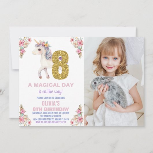 Unicorne florale Invitations d'anniversaire avec p (Devant)