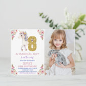 Unicorne florale Invitations d'anniversaire avec p (Debout devant)